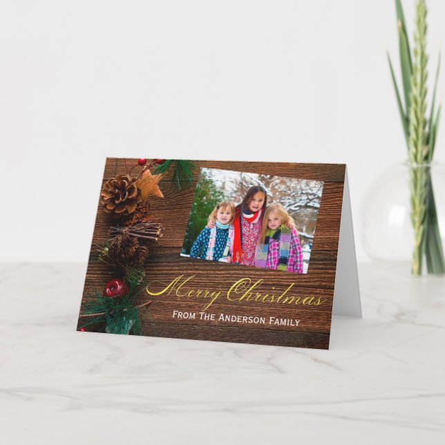 Country Rustic Wood Merry Christmas Photo Holiday Card (Front)