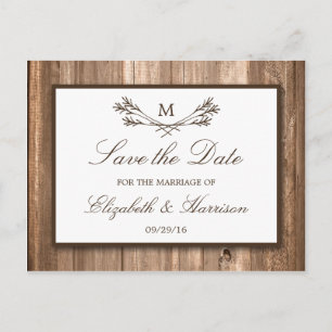 Country Rustic Wood Monogram Branch Save The Date Announcement Postcard