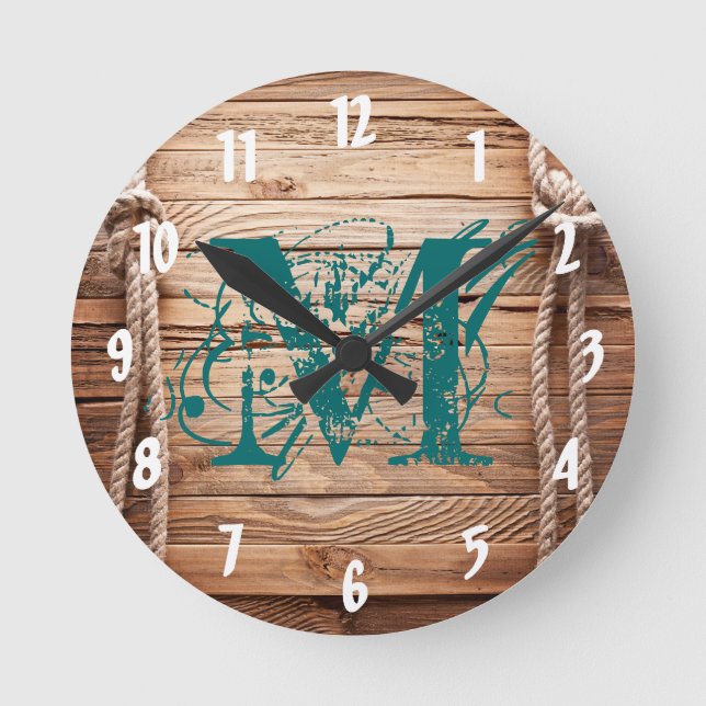 Country Rustic Wood Monogram Initial Wall Clock (Front)