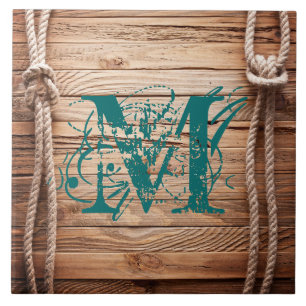 Country Rustic Wood Rope Monogram Display Tile