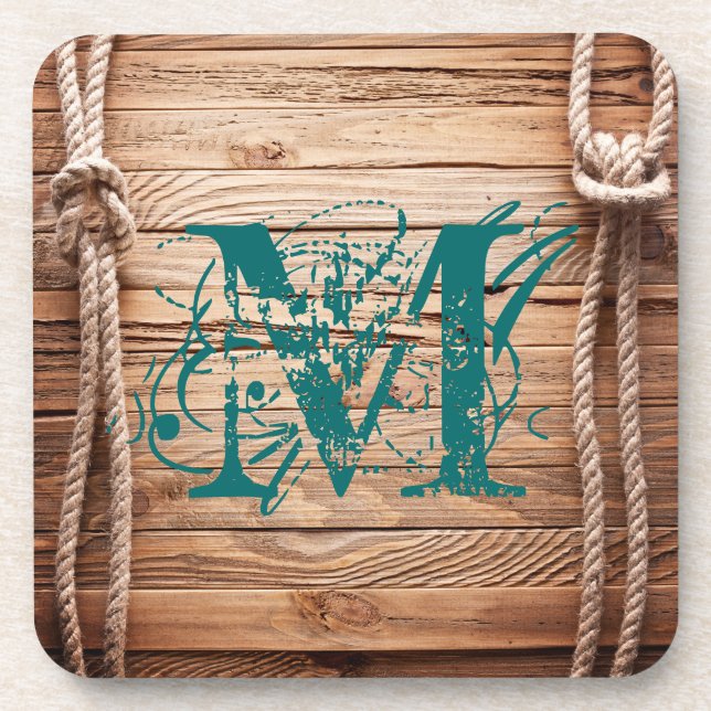 Country Rustic Wood Rope Monogram Drink Coaster (Front)