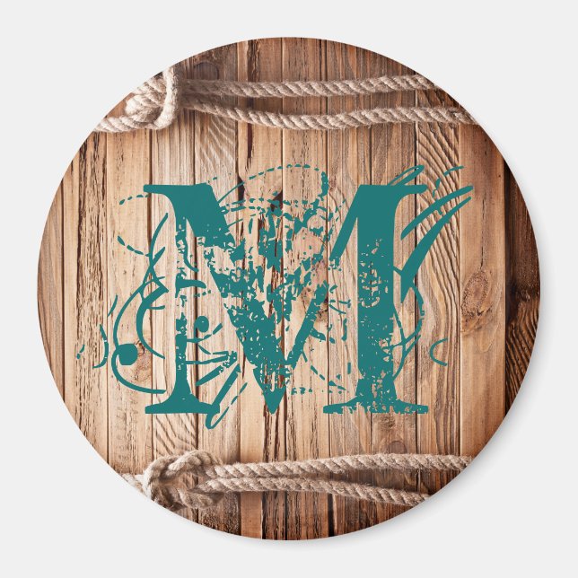 Country Rustic Wood Rope Monogram Initial Magnet (Front)