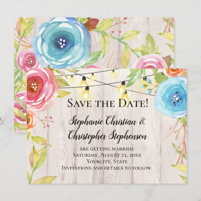 Country Rustic Wood String Light Save the Date Invitation (Front/Back)