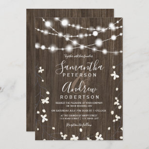 Country rustic wood string lights floral wedding invitation