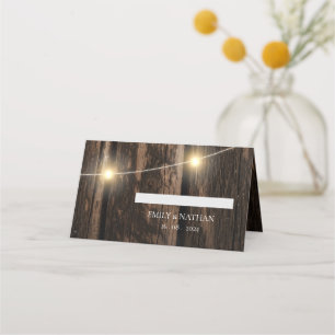 Country Rustic Wood String Lights Wedding Place Card