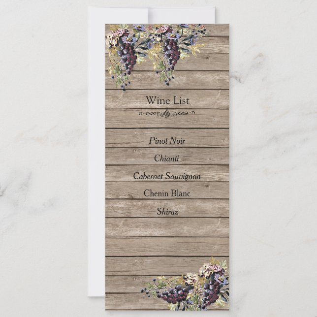 Country Rustic, Wood, Vineyard, Wine list (Front)