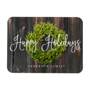 Country Rustic Wood Wreath Happy Holidays Greeting Magnet