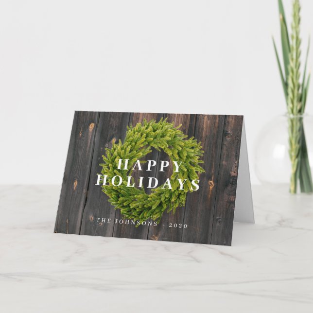 Country Rustic Wreath Botanical Wood Christmas Holiday Card (Front)