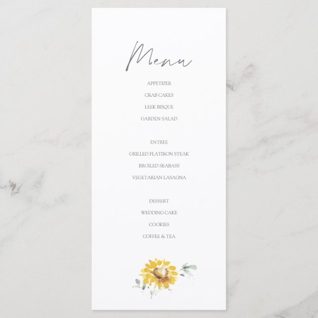 Country Rustic Yellow Sunflower Watercolor Wedding Menu (Front)