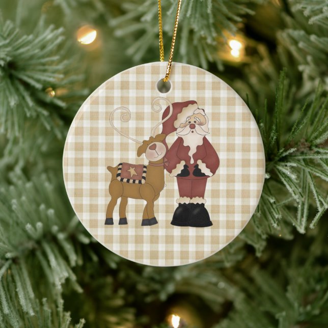 Country Santa and His Reindeer Ceramic Ornament (Tree)