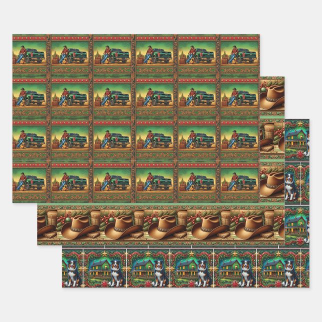Country Singer Cowboy Hat Australian Shepherd Dog Wrapping Paper Sheet (Set)