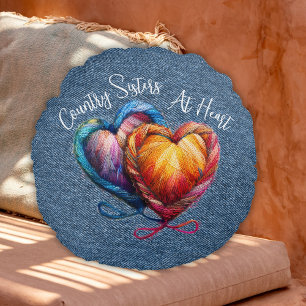 Country Sisters At Heart Script Round Cushion