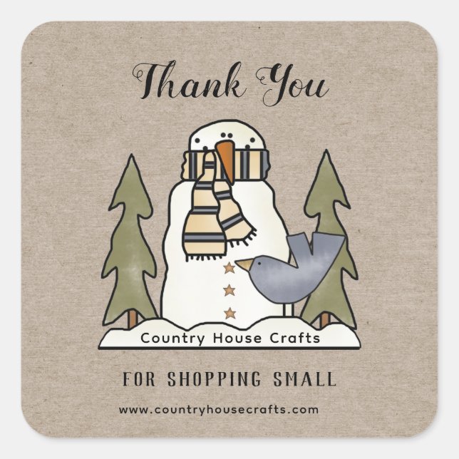 Country Snowman Thank You For Shopping Small  Square Sticker (Front)
