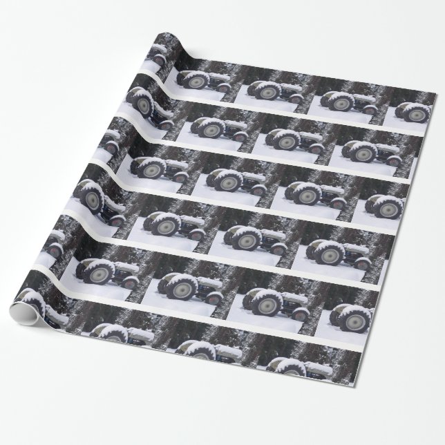 Country Snowy Farm Tractor Photo Wrapping Paper (Unrolled)