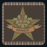 Country  Star & Berries Personalised Christmas Square Sticker<br><div class="desc">Add a festive folksy,  primitive touch this season. A folksy primitive star is decorated with holly and berries and finished with your name or family name. Brown burlap in the centre and a brown homespun border. Perfect for your primitive Christmas tree. Part of a collection.</div>