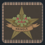 Country  Star & Berries Personalised Christmas Square Sticker<br><div class="desc">Add a festive folksy,  primitive touch this season. A folksy primitive star is decorated with holly and berries and finished with your name or family name. Brown burlap in the centre and a brown homespun border. Perfect for your primitive Christmas tree. Part of a collection.</div>