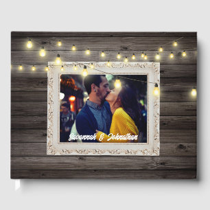 Country string lights wood outdoor rustic wedding guest book