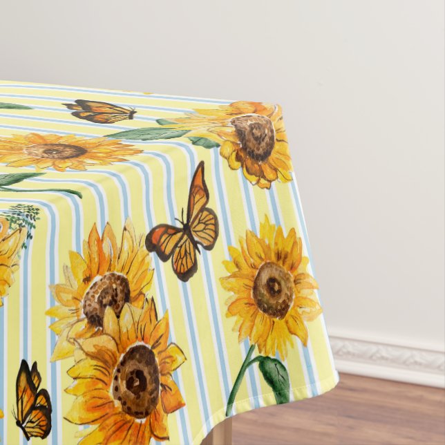 Country Striped Butterflies And Sunflowers Tablecloth (In Situ)