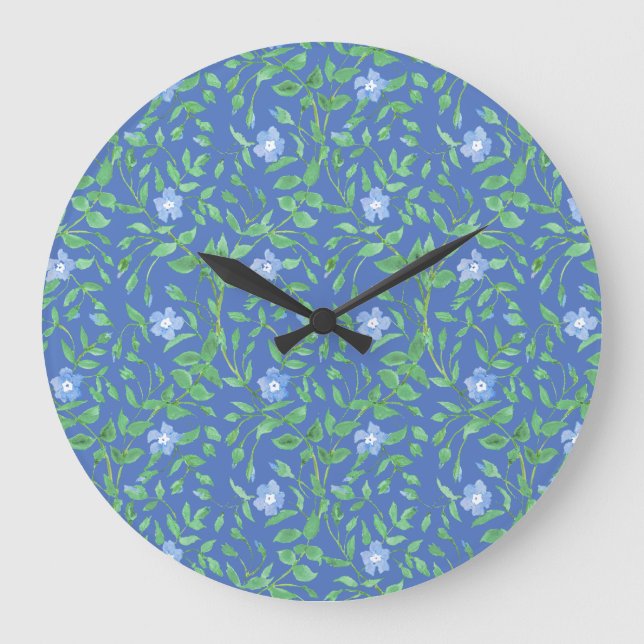 Country-style Blue Green Floral Periwinkle Pattern Large Clock (Front)