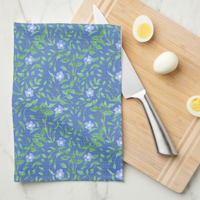 Country-style Blue Green Floral Periwinkle Pattern Tea Towel (Quarter Fold)