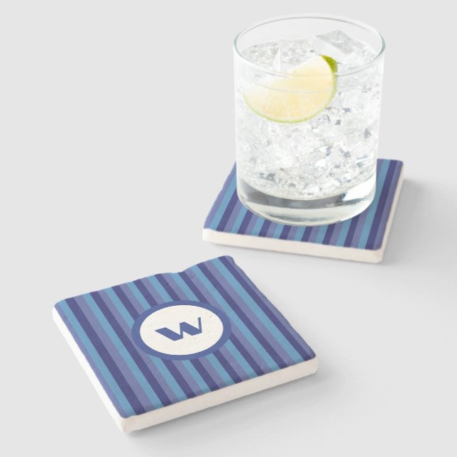 Country-Style Blue Striped Monogram Stone Coaster (Side)