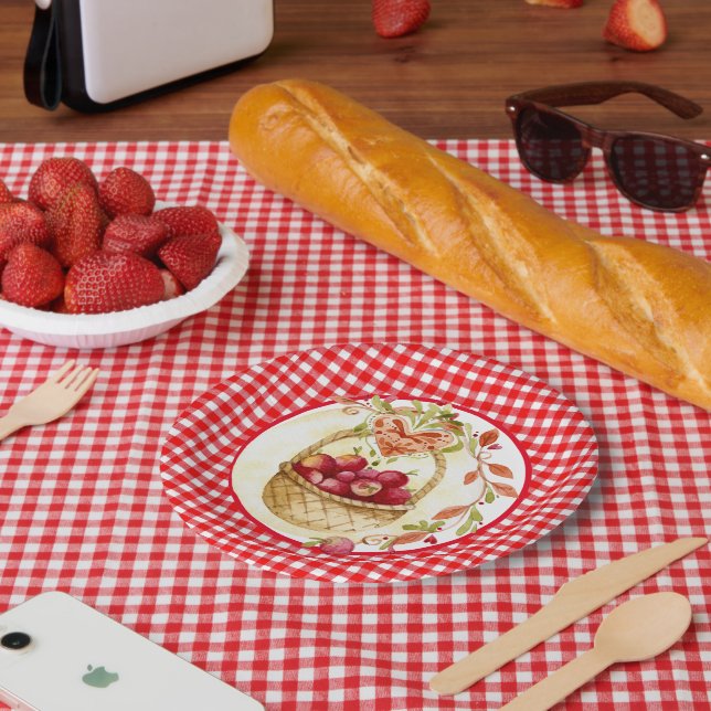Country Style Gingham with Apple Harvest Basket Paper Plate (Picnic)