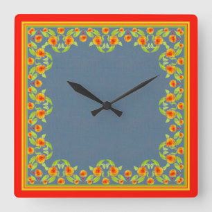 Country Style Marigolds Border on Indigo Blue Square Wall Clock