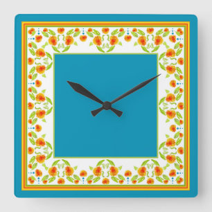 Country Style Marigolds Border Square Wall Clock