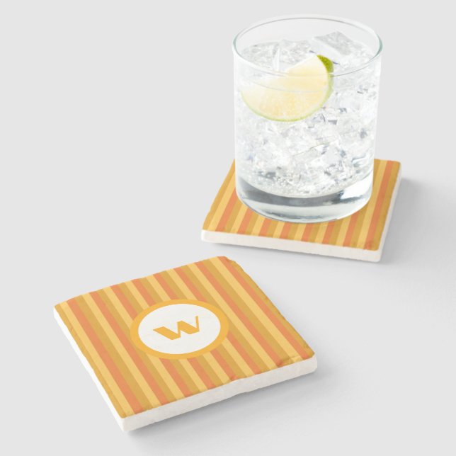 Country-Style Orange Striped Monogram Stone Coaster (Side)