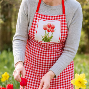Country Style Red Gingham with Red Tulips  Apron