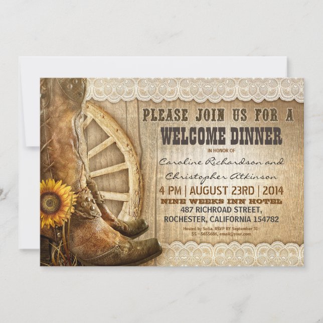 country style rustic wood welcome dinner invites (Front)