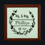 Country Style Sage Green with Wreath Wedding Gift Box<br><div class="desc">This lovely keepsake gift/jewellery box with soft sage with vintage script handwriting background and black graphic wreath is a unique accent piece for your farmhouse or country style home. Personalise it with your desired name and date for a memorable gift. Design includes copyright material of Cricut.</div>