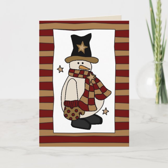 Country Style Snowman in Black Hat Christmas Card (Front)