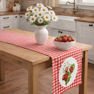 Country Style Strawberries with Red Gingham Short Table Runner
