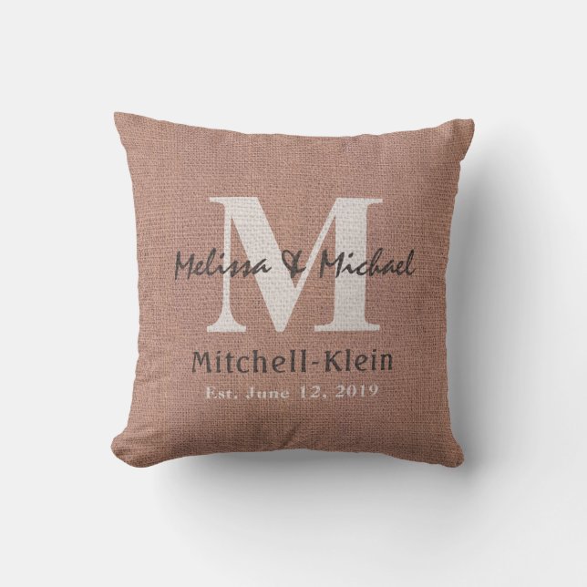 Country Style Wedding Monogram Faux Burlap Cushion (Front)