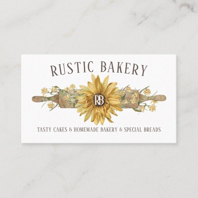 Country Style Wood Rolling Pin Sunflower Bakery Business Card (Front)