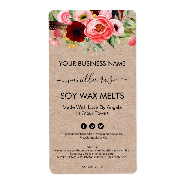 Country Styled Kraft Floral Soy Wax Melt Labels (Front)