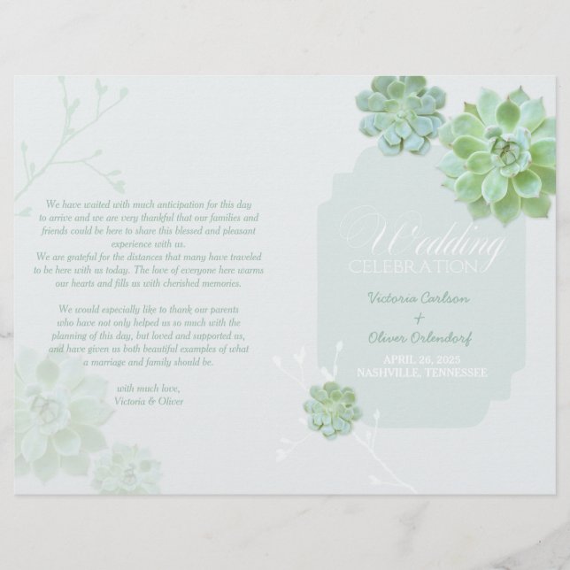 Country Succulent Cactus Wedding Bi Fold Program (Front)