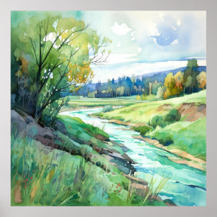 Country Summer Landscape Watercolor Poster