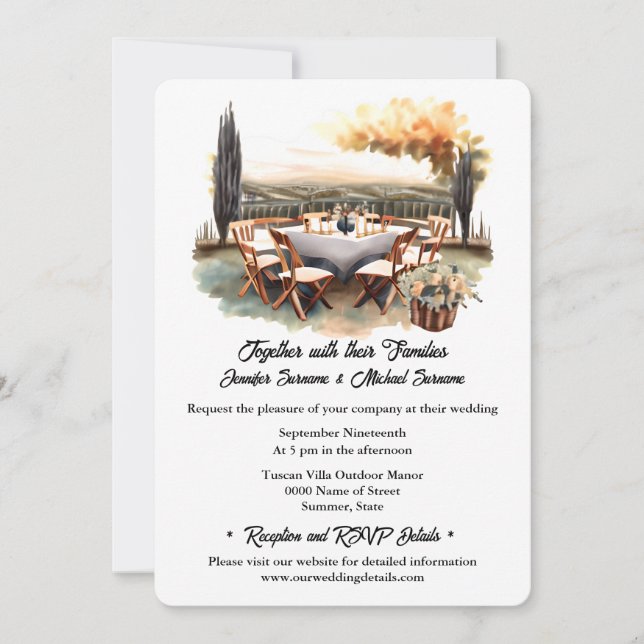 Country summer outdoor watercolor dining wedding invitation (Front)