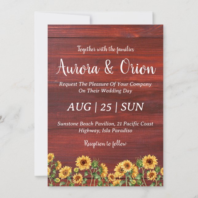 country sunflower and burgundy wedding invitations (Front)