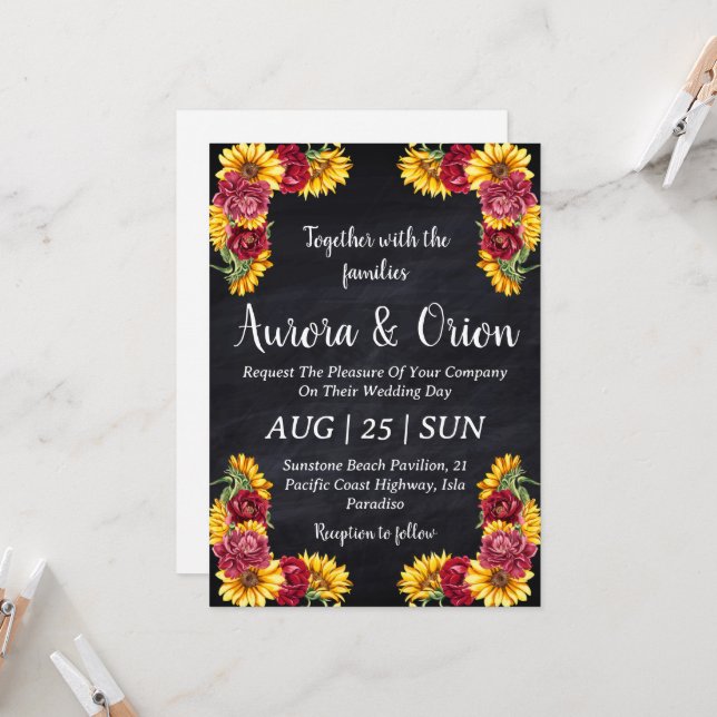 country sunflower and burgundy wedding invitations (Front/Back In Situ)