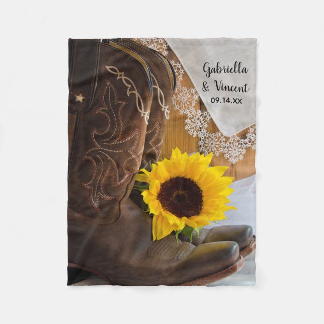Country Sunflower and Lace Western Wedding Fleece Blanket (Front)