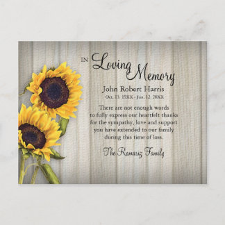 Country sunflower backerboard sympathy thank you postcard