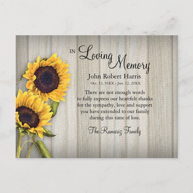 Country sunflower backerboard sympathy thank you postcard (Front)