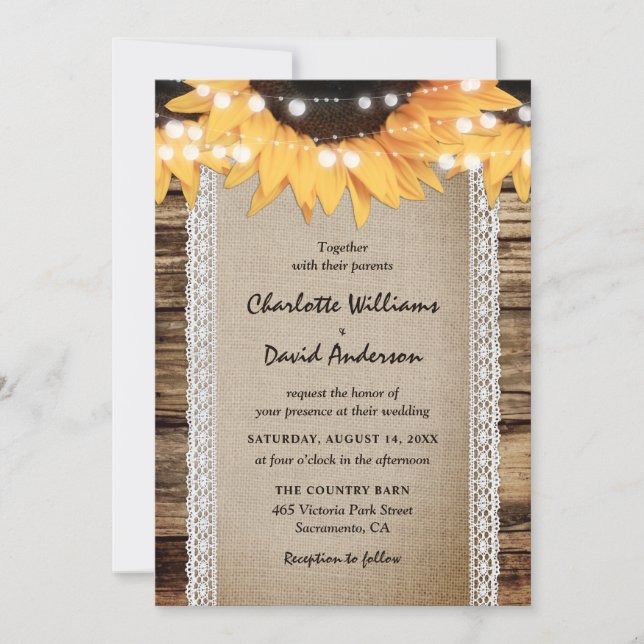 Country Sunflower Barn Wood String Lights Wedding Invitation (Front)