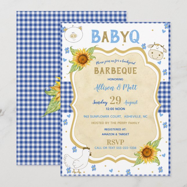 Country Sunflower Blue Gingham Baby Q Barbecue Invitation (Front/Back)