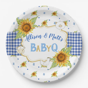 Country Sunflower Blue Gingham Baby Q Barbeque Paper Plate