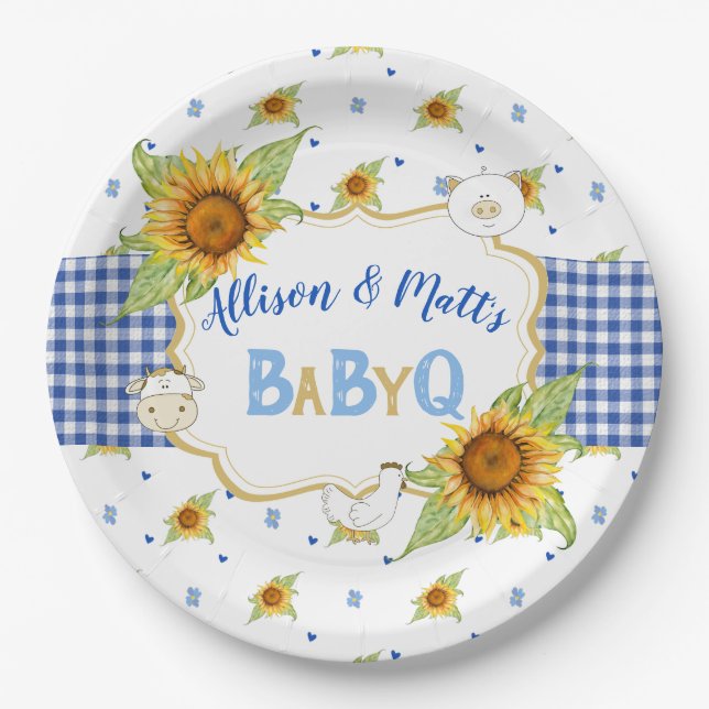 Country Sunflower Blue Gingham Baby Q Barbeque Paper Plate (Front)