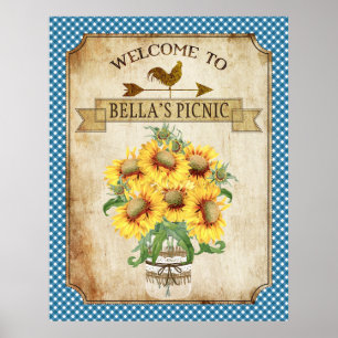 Country Sunflower Blue Gingham Poster